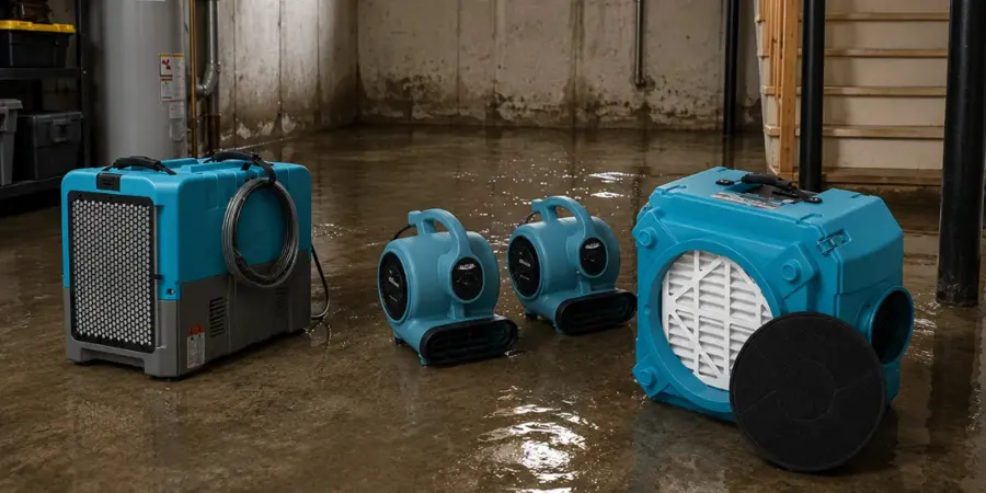 A dehumidifier and air movers drying a wet floor in Arlington, TX
