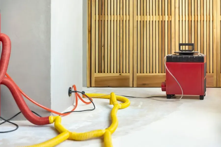 Drying equipment set up against a wall after water damage in Arlington, TX