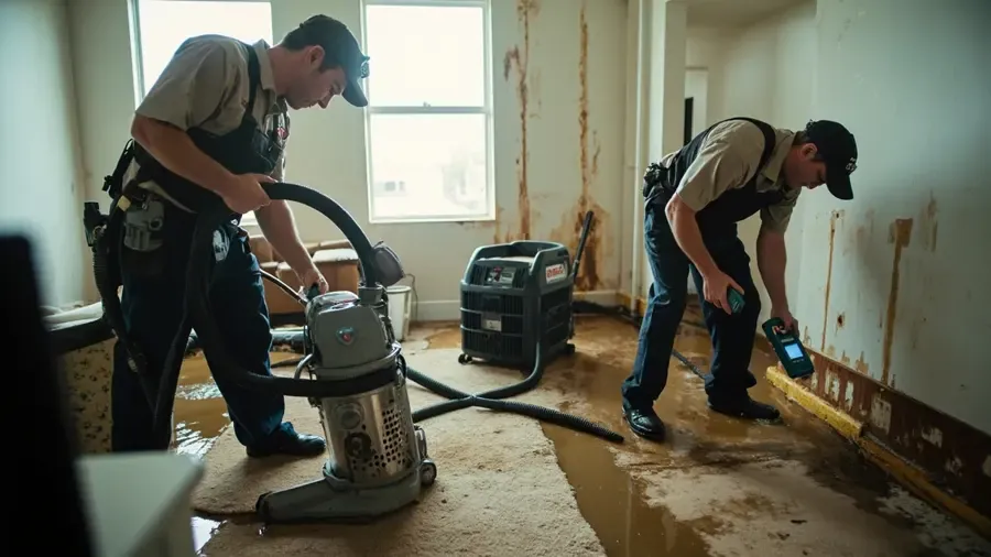 A restoration technician removing wet baseboard in an Arlington, TX home